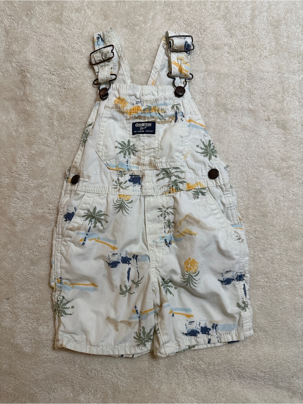 OshKosh B'gosh Cream Tropical Palm Print Short Overalls
